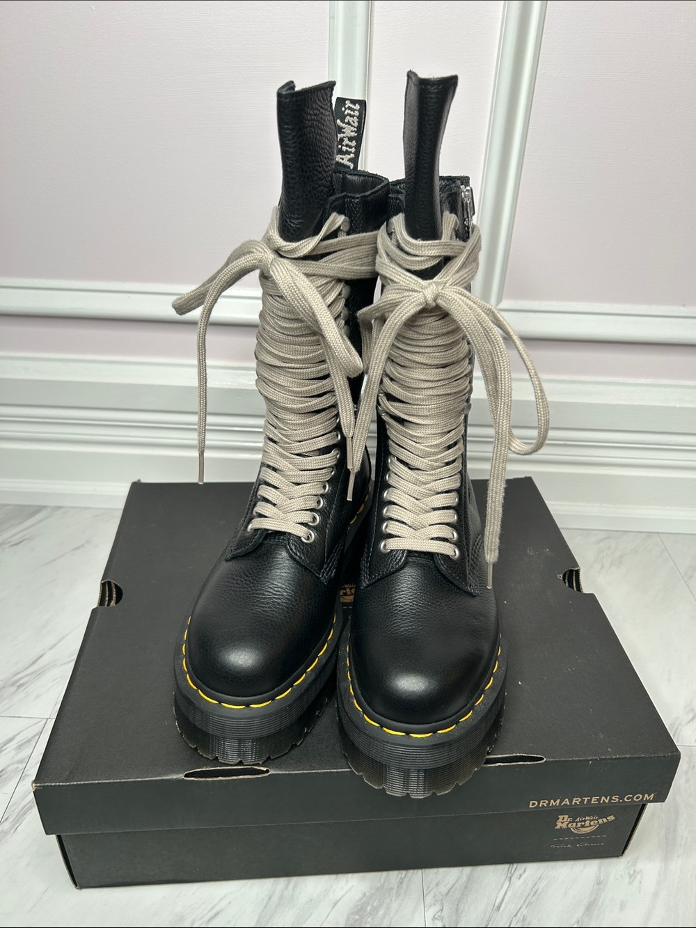 Rick Owen’s X Dr. Martens Black Leather 1918 RO Quad Sole Calf Length Boots - Picture 7 of 8